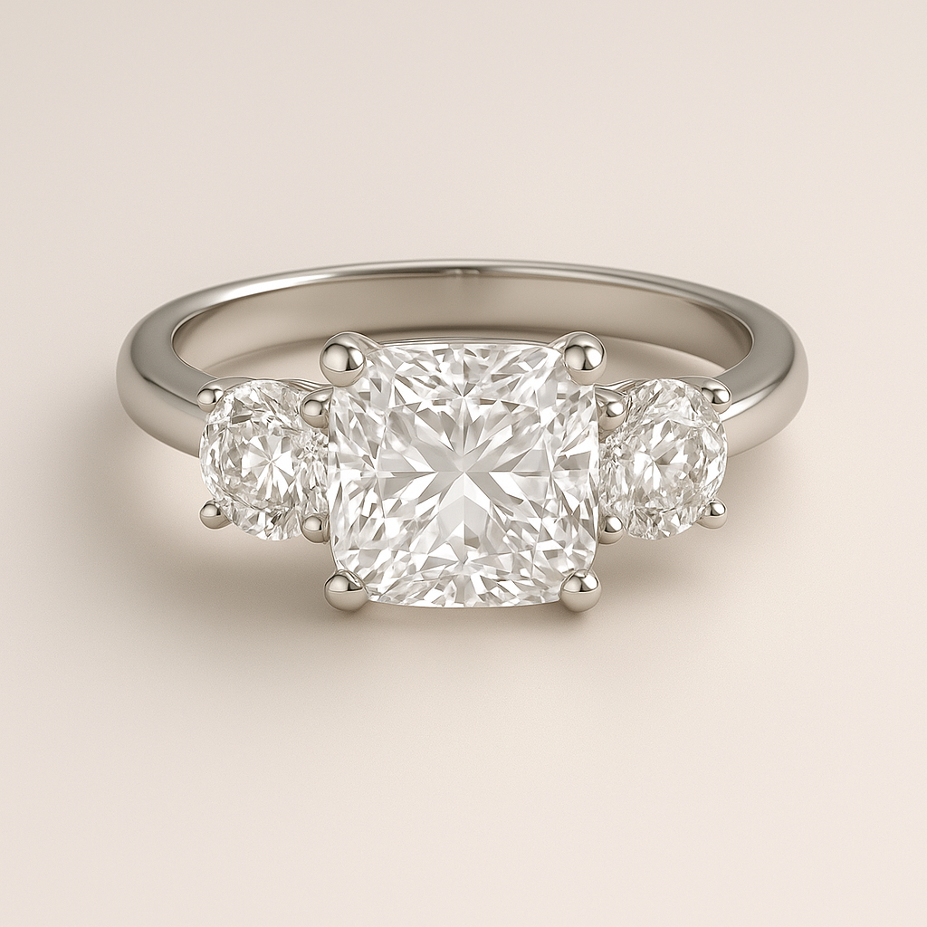 3-Stone Cushion Engagement Ring – Cushion Center with Round Side Stones