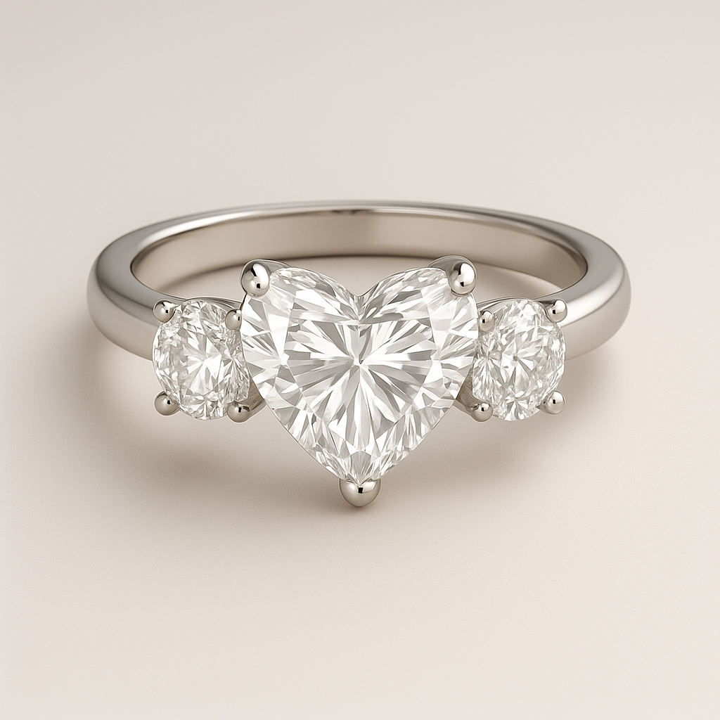 3-Stone Heart Engagement Ring – Heart Center with Round Side Stones