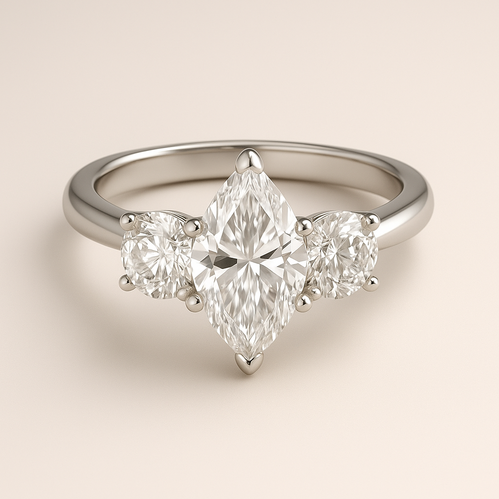 3-Stone Marquise Engagement Ring – Marquise Center with Round Side Stones