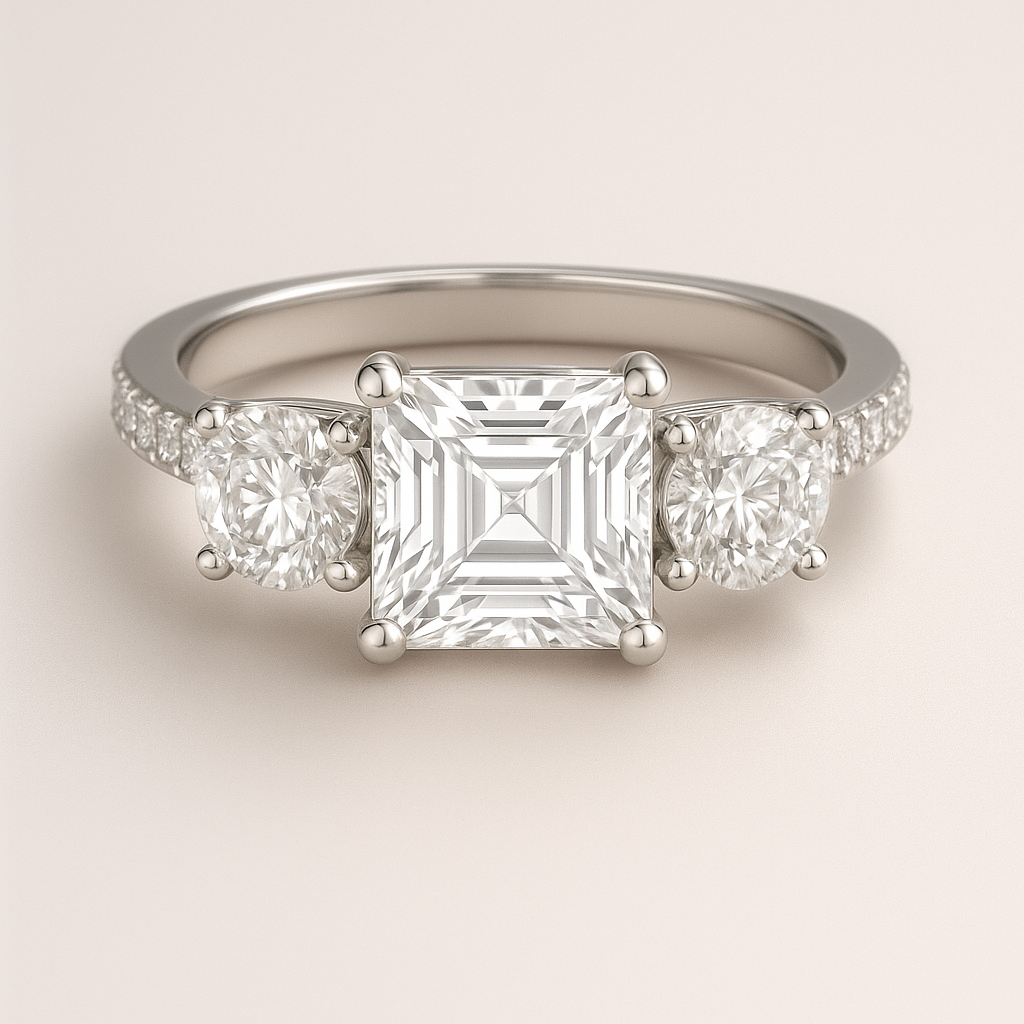 3-Stone Princess Engagement Ring with Pavé Band